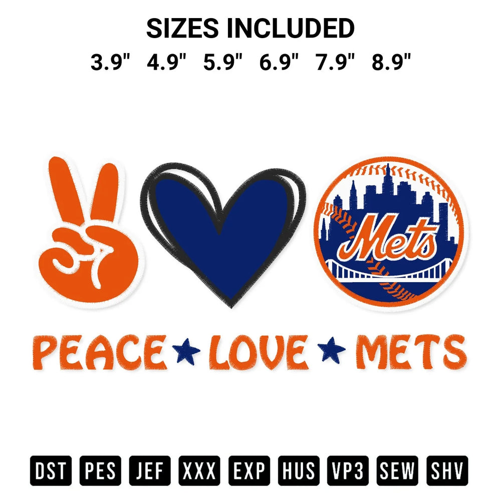 Peace Love New York Mets Embroidery Design