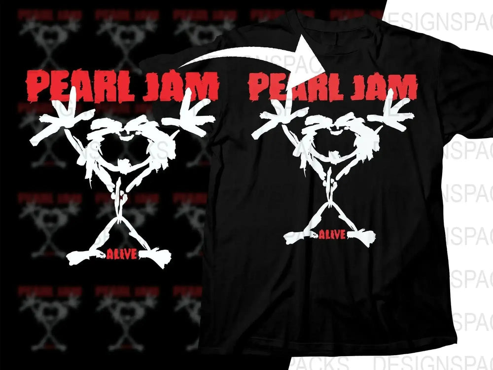 Pearl Jam Alive band t-shirt design with white skeleton graphic and red text, print-ready for DTG or DTF
