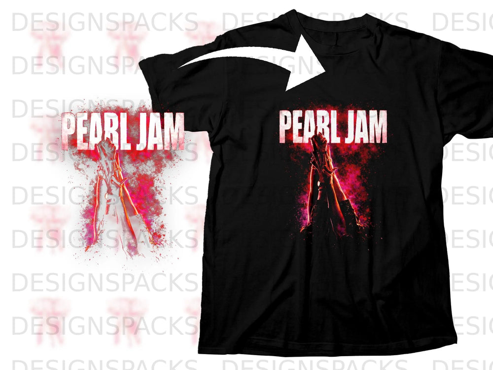 Black t-shirt with "Pearl Jam" text and a pink, abstract graphic of hands.