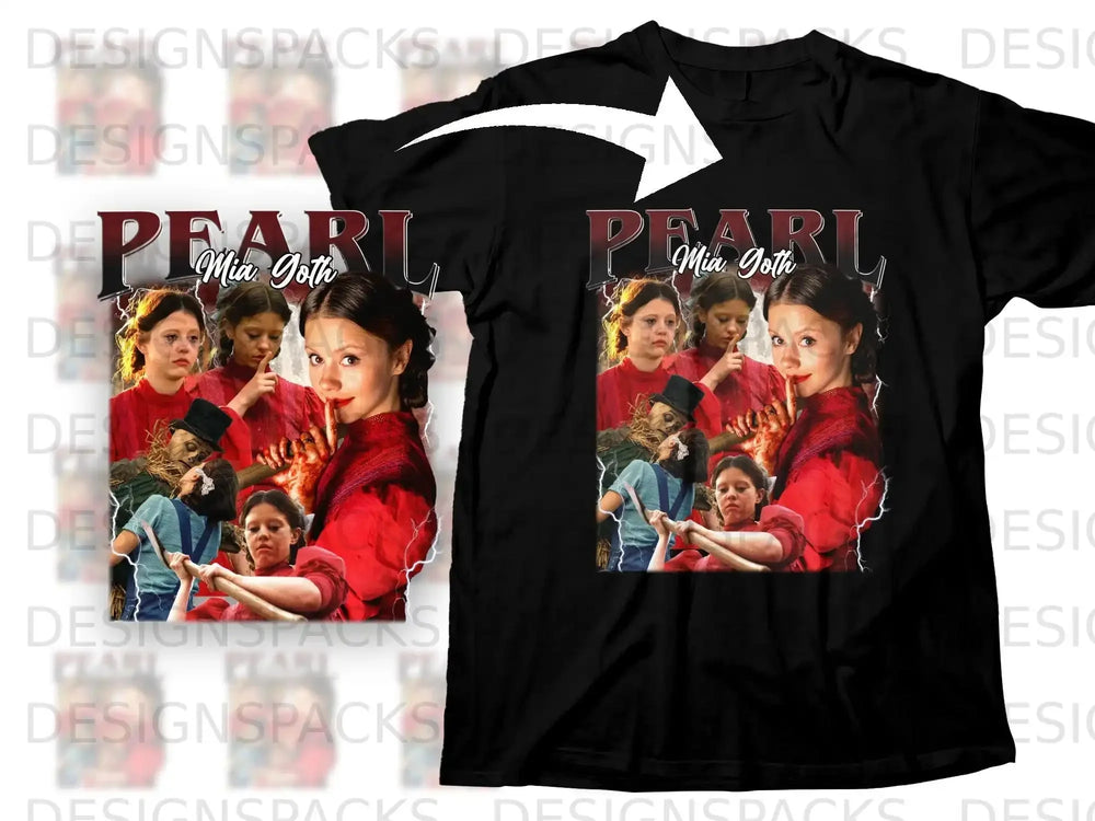 Black t-shirt featuring a collage of Mia Goth in character.