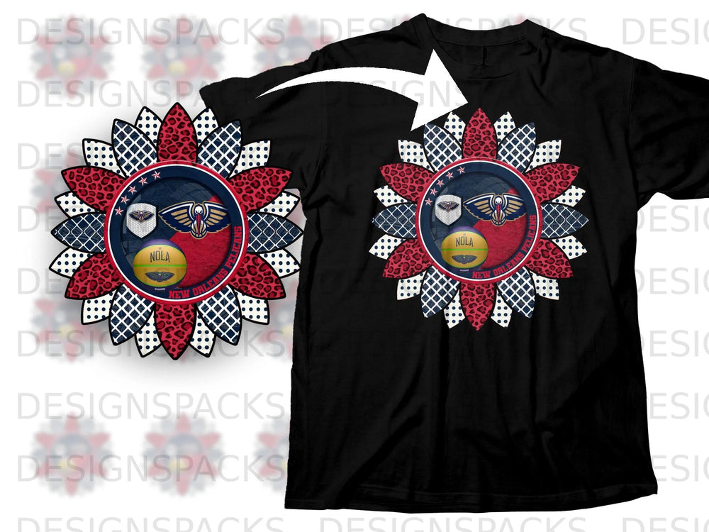 Black t-shirt with a New Orleans Pelicans sunflower graphic and NOLA basketball.