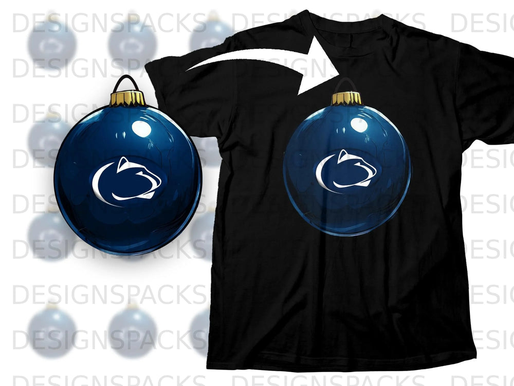 Black t-shirt with a blue ornament featuring the Penn State logo.