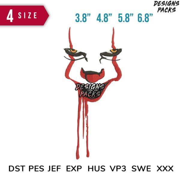 Creepy clown face embroidery design in 4 sizes, PES DST JEF formats for machine embroidery