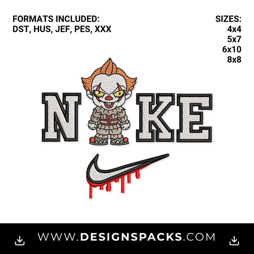 Pennywise Horror Clown Dripping Swoosh Embroidery Design - Instant digital download pattern at Designspacks.com