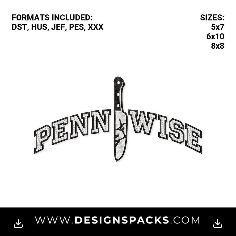Pennywise Horror Knife Varsity Logo Embroidery Design - Instant digital download pattern at Designspacks.com