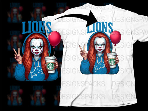 Horror Clown Graphic T-Shirt, Funny Scary Clown Tee, Bright Lions School Mascot, Unisex Horror Clown Shirt with Balloons and Coffee