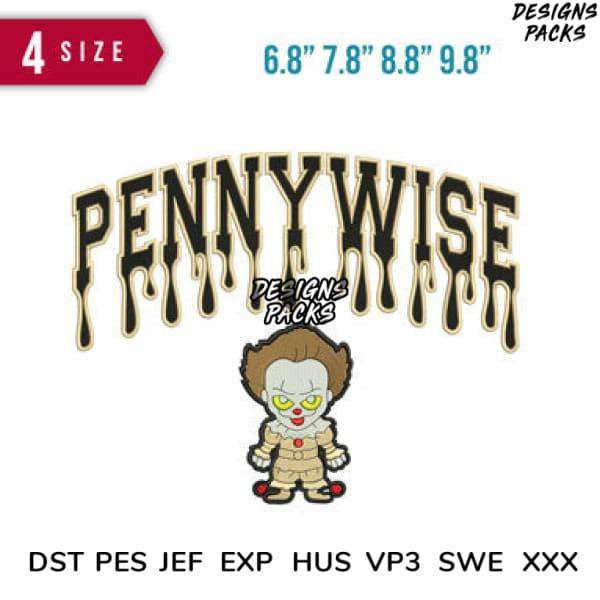 Pennywise embroidery design with dripping text, available in multiple sizes and formats for instant download.
