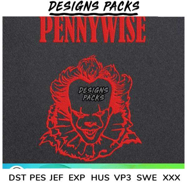 Red embroidered Pennywise clown design on black fabric, print-ready for embroidery machines.