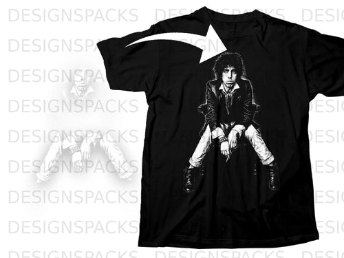 Black t-shirt with black and white graphic of a seated musician.