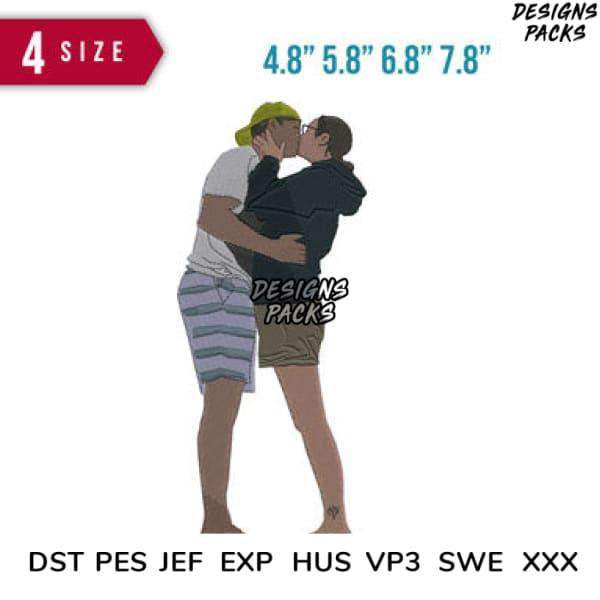 Romantic couple kissing design for embroidery, available in PES, DST, EXP formats, 4 sizes for DTG/DTF printing