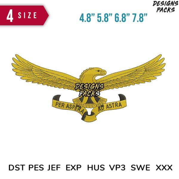 Golden eagle embroidery design with 'Per Aspera Ad Astra' banner, available in PES, DST, JEF formats