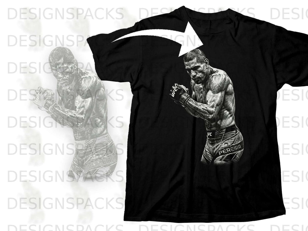 Black t-shirt with a grayscale illustration of UFC fighter Alex Pereira.