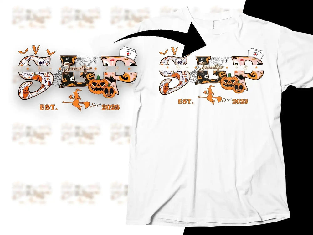 Halloween-themed nurse shirt with 'SLP' design, pumpkins, and witch, est. 2023