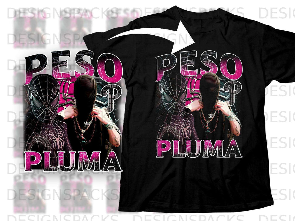 T-shirt with "Peso Pluma" text and graphic of artist in Spider-Man mask.
