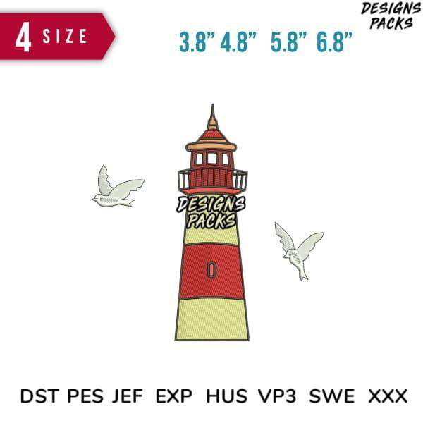 Lighthouse embroidery design with birds, available in multiple sizes and formats