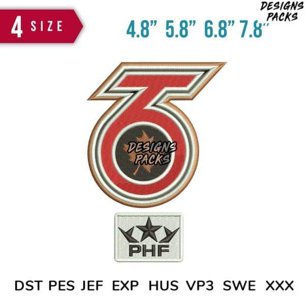 Embroidery design featuring stylized number 3 with maple leaf, available in 4 sizes and multiple file formats
