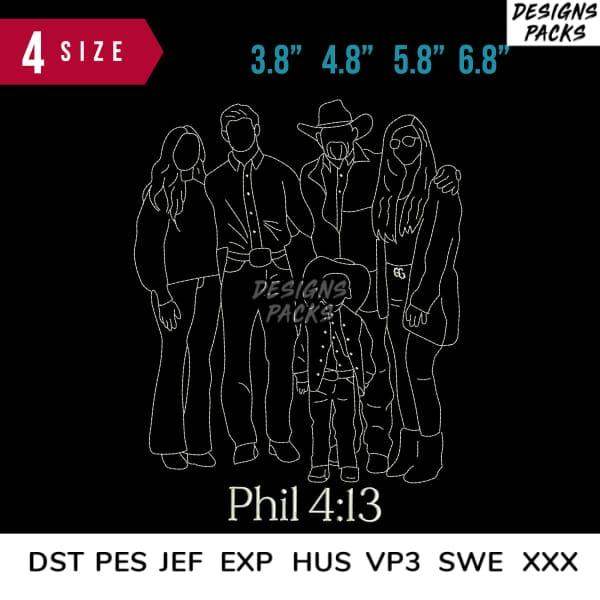 Phil 4:13 family design in 4 sizes, embroidery formats DST PES JEF EXP HUS VP3 SWE XXX, print-ready