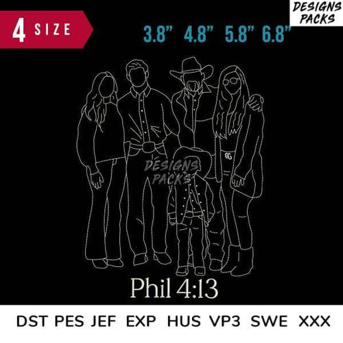 Phil 4:13 family design in 4 sizes, embroidery formats DST PES JEF EXP HUS VP3 SWE XXX, print-ready