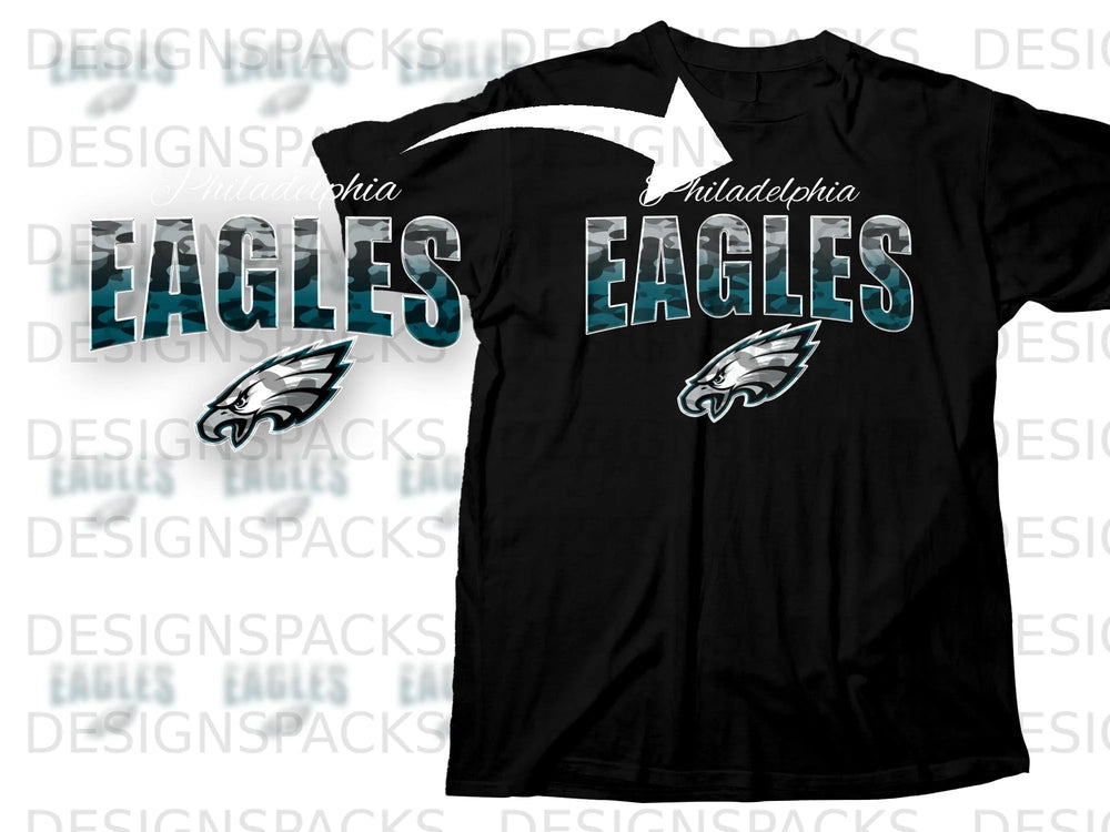 Black t-shirt with Philadelphia Eagles logo and camouflage "EAGLES" text.
