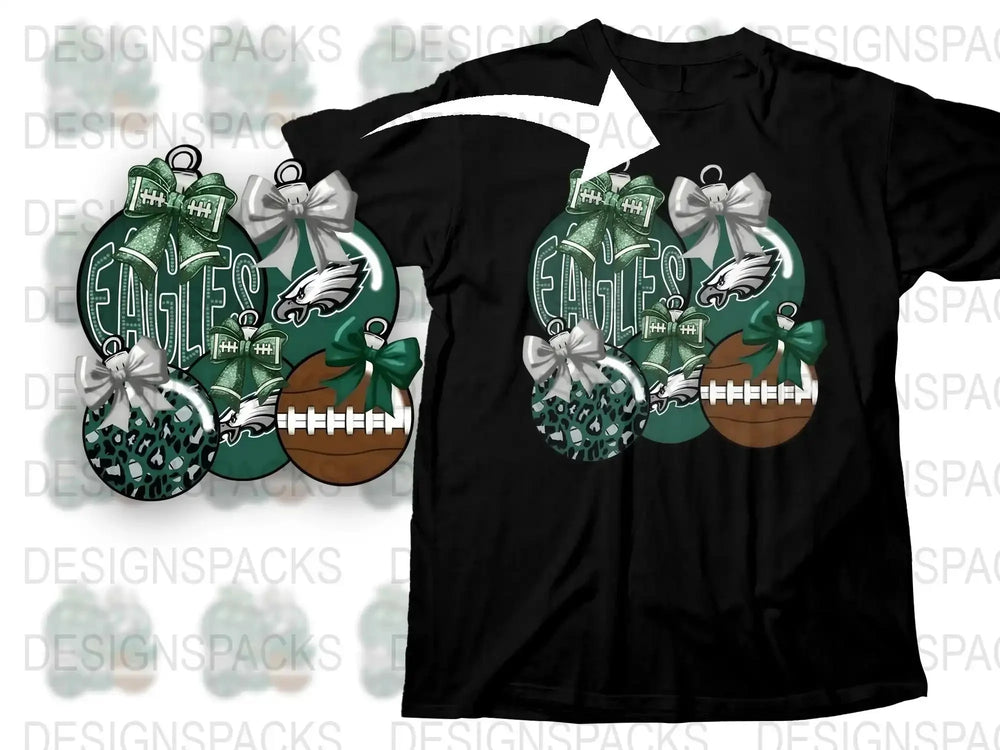 Festive Christmas T-Shirt with Colorful Ornaments and Football Design, Holiday Apparel for Sports Fans