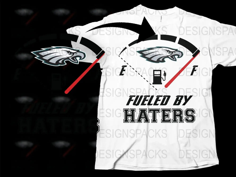Fueled by Haters Sports Team T-Shirt, Graphic Eagle Print, Football Fan Apparel, Bold White Tee