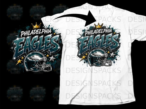 Philadelphia Eagles helmet and text graphic on white t-shirt.