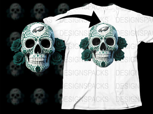Sugar Skull T-Shirt with Green Roses, Day of the Dead Graphic Tee, Unique Floral Skull Shirt Design, Goth Style Apparel