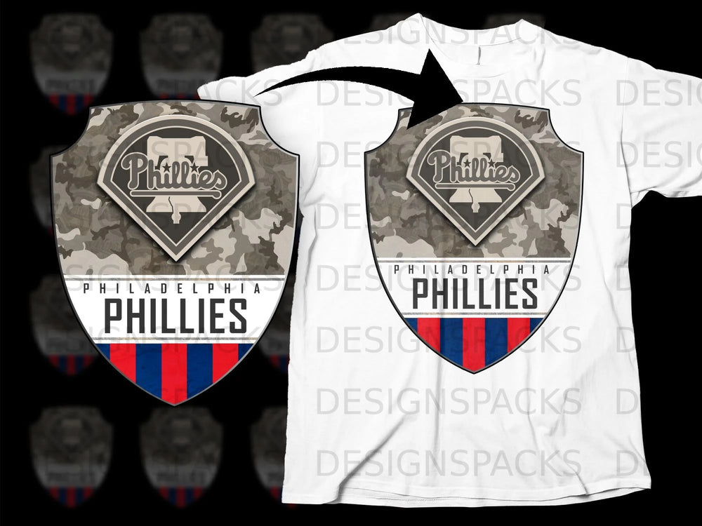 Philadelphia Phillies logo on a camouflage shield over a white t-shirt.