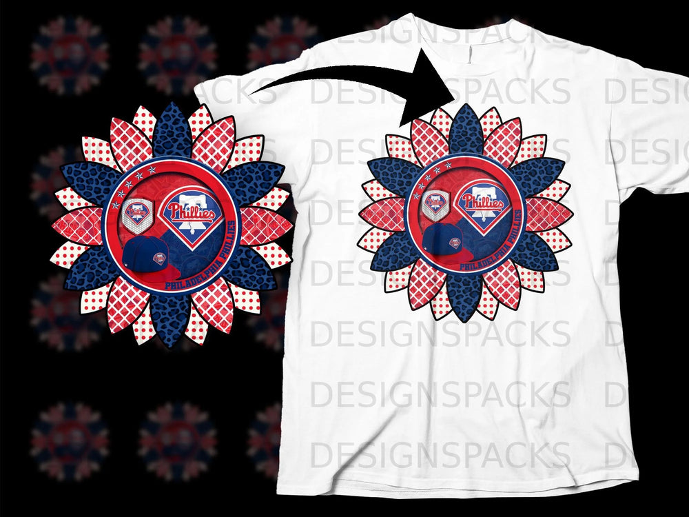Philadelphia Phillies sunflower design with team logo, baseball caps, and "Philadelphia Phillies" text.