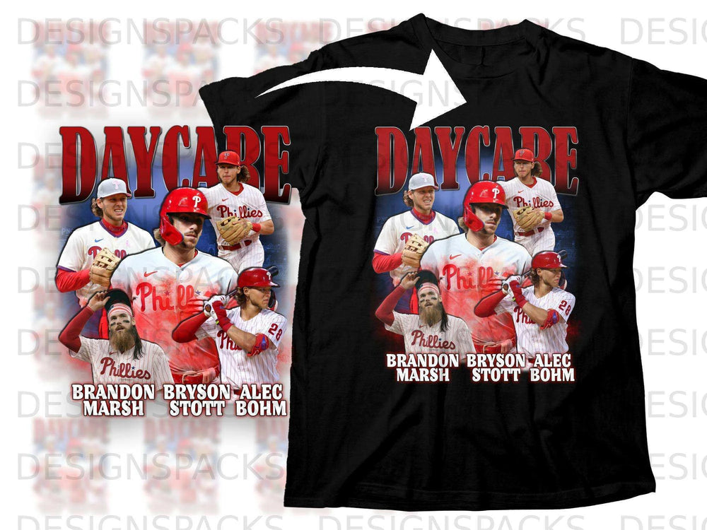 Phillies Daycare graphic t-shirt with Brandon Marsh, Bryson Stott, and Alec Bohm.