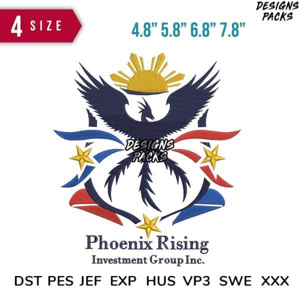 Phoenix Rising embroidery design with eagle, sun, and stars in 4 sizes, DST PES JEF formats