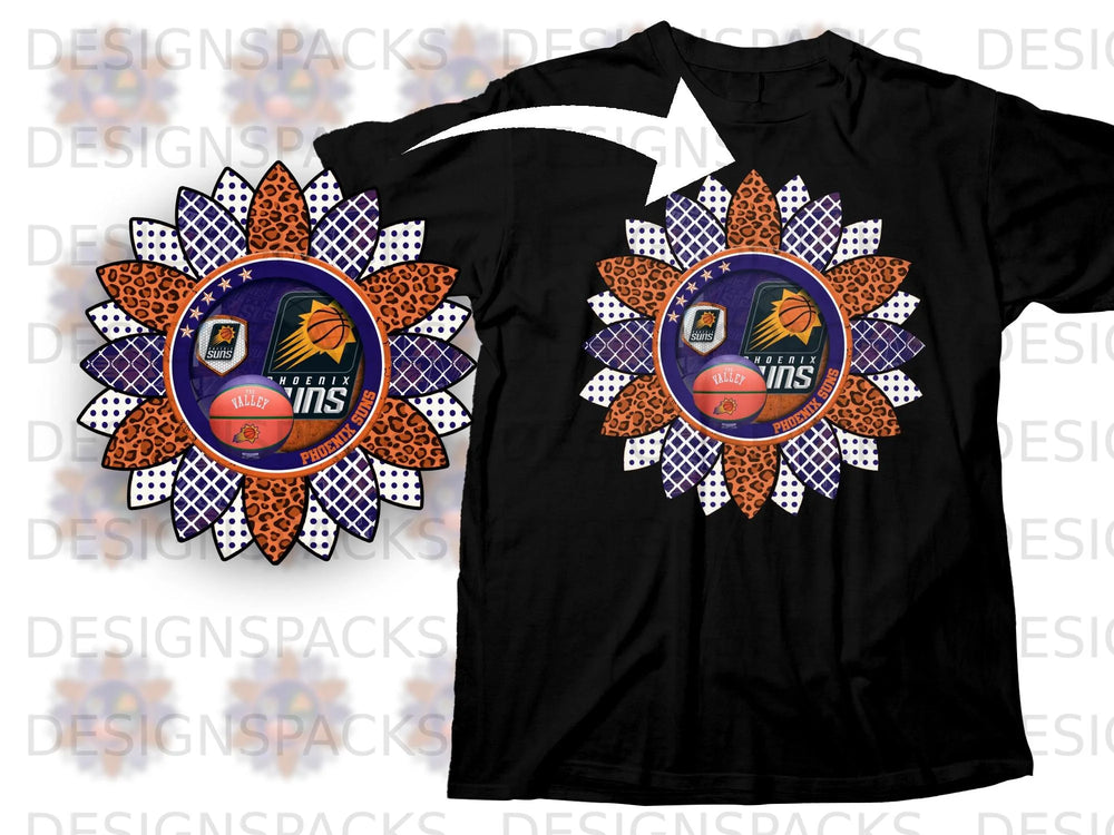 Phoenix Suns basketball logo and leopard print in a sunflower design on a black t-shirt.