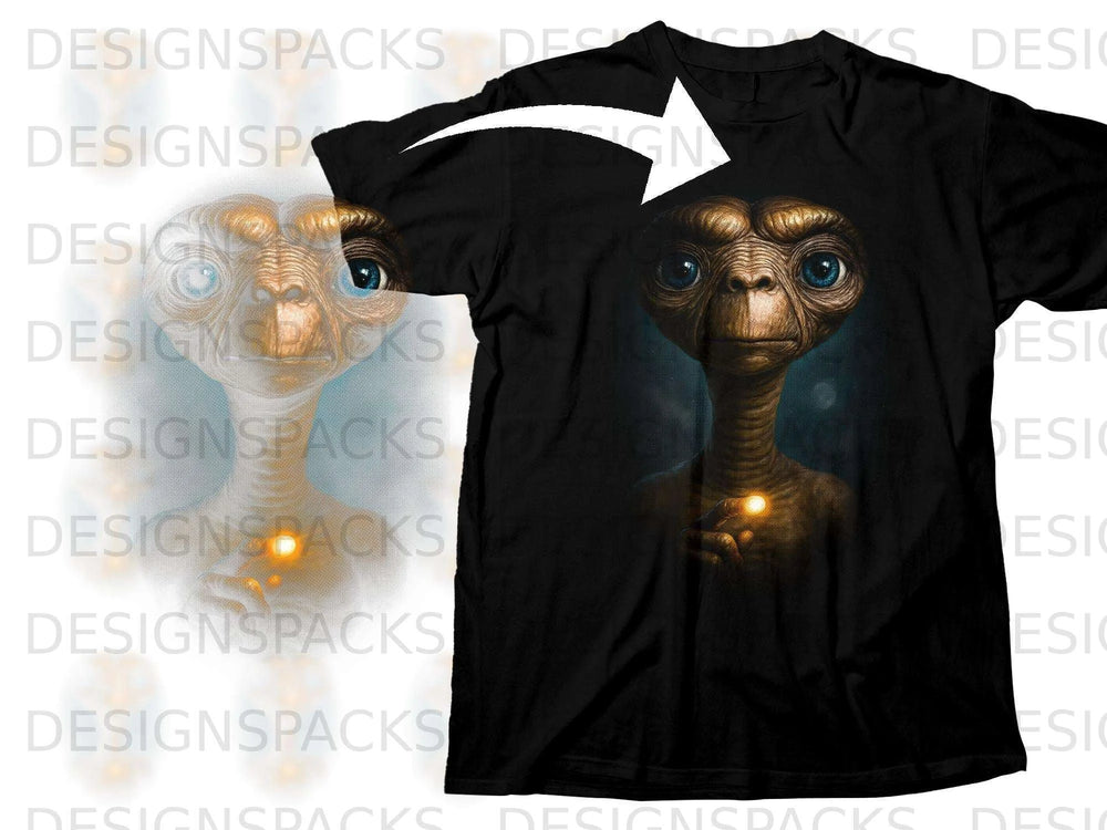 Black t-shirt featuring a close-up of ET's face and hand holding a glowing orb.