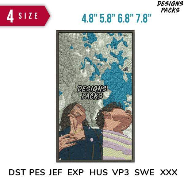 Embroidery design with couple under blue sky, 4 sizes, DST PES JEF formats, print-ready