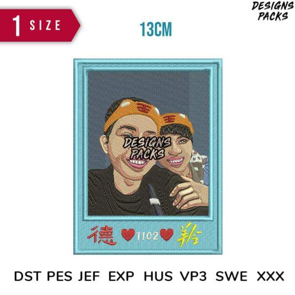 Embroidery design featuring two smiling people with headbands, 13cm size, compatible with DST PES JEF formats