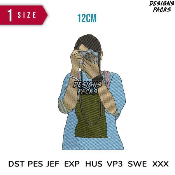 Embroidery design of photographer holding camera, 12cm size, compatible with DST PES JEF formats for instant download