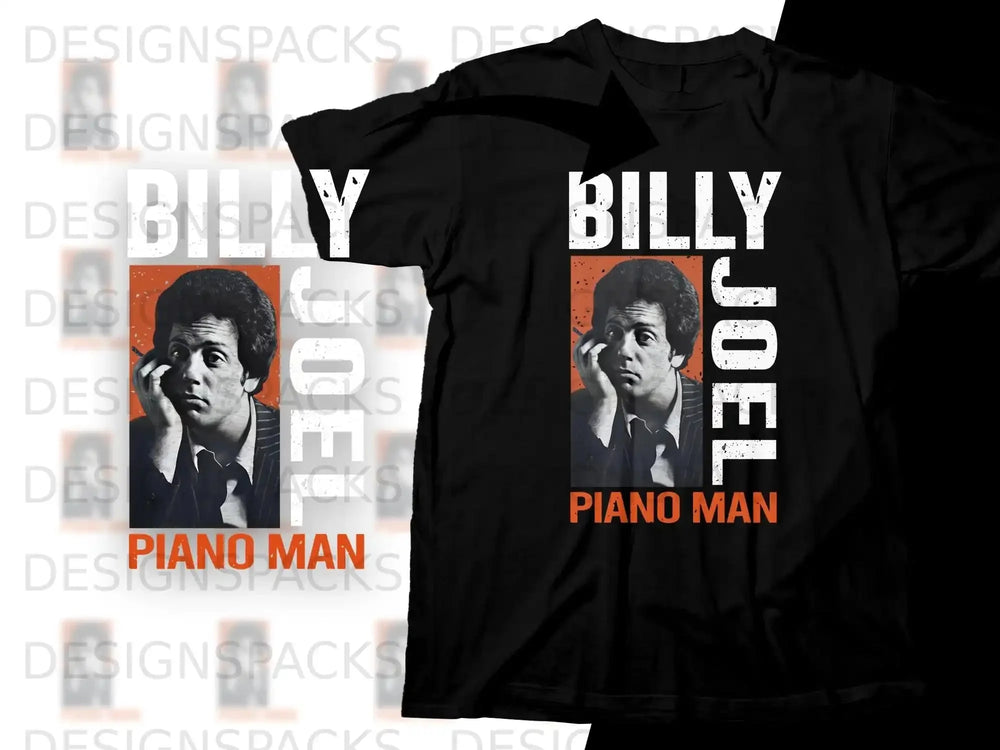 Billy Joel "Piano Man" album cover art on a black t-shirt.