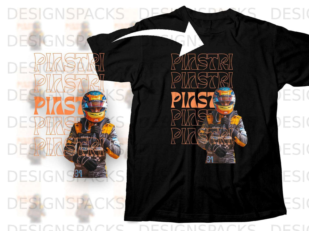 Black t-shirt with McLaren driver Oscar Piastri graphic and "PIASTRI" text.