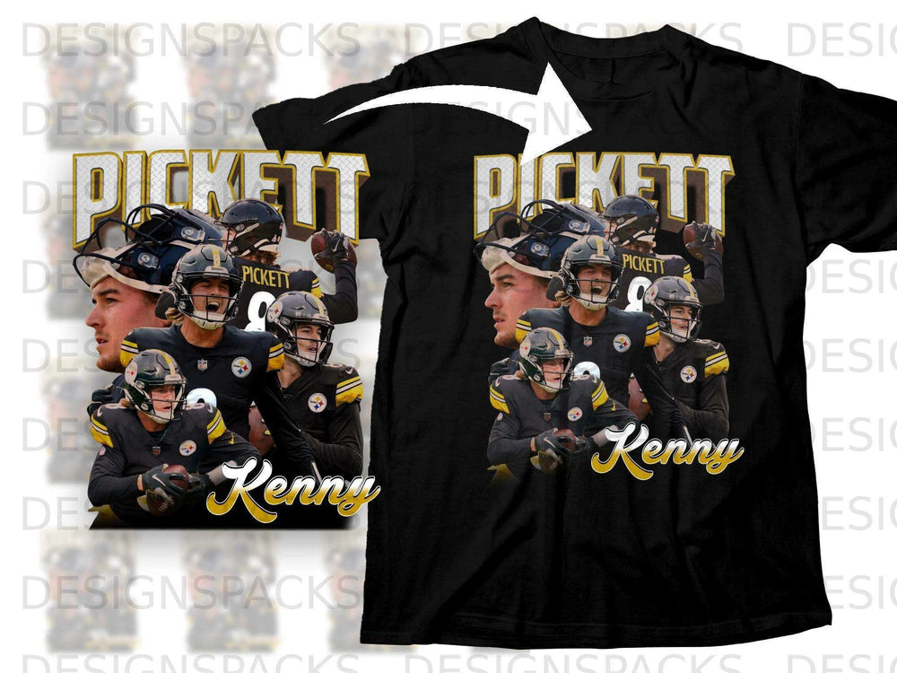Black t-shirt with Pittsburgh Steelers quarterback Kenny Pickett graphic.