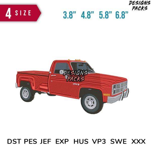 Red pickup truck embroidery design in 4 sizes, compatible with DST PES JEF formats for instant download.