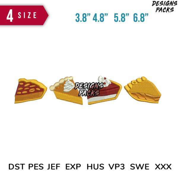 Embroidery design pack featuring pie slices in 4 sizes, compatible with DST PES JEF formats for instant download
