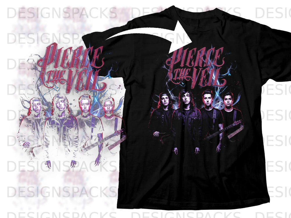 Pierce The Veil band members on a black t-shirt with red and blue graphics.