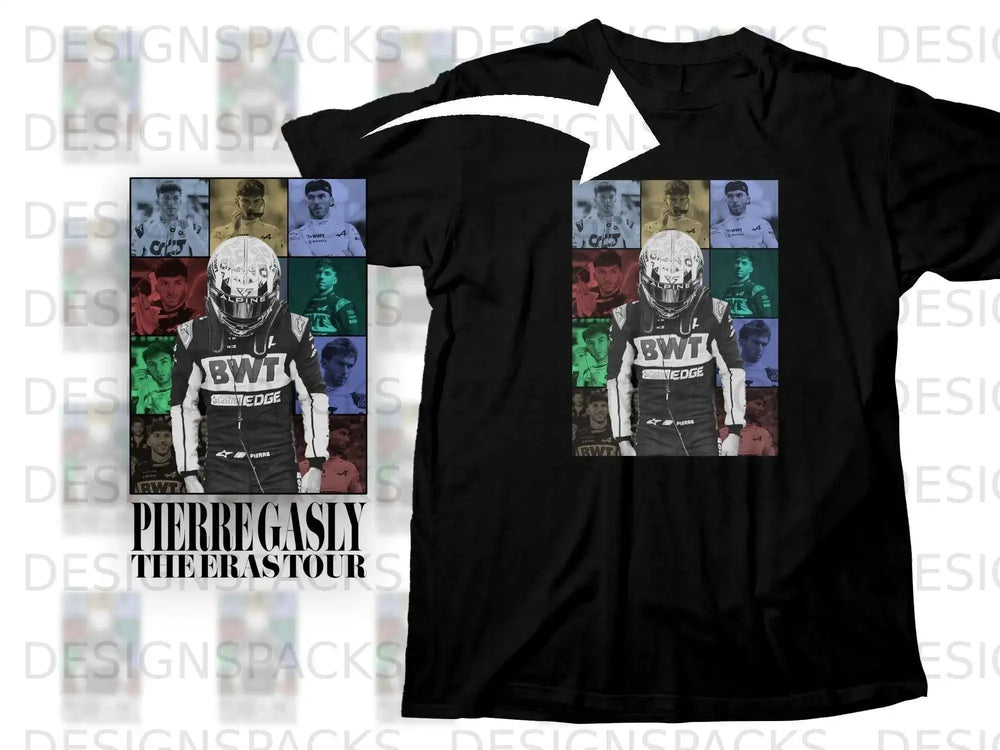 Pierre Gasly T-shirt with collage of driver portraits and text "THE ERAS TOUR".