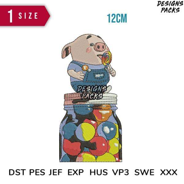 Cute pig in overalls holding lollipop, sitting on candy jar — embroidery design for instant download