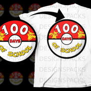 White t-shirt graphic with Pikachu and "100 Days of School" inside a Pokeball.