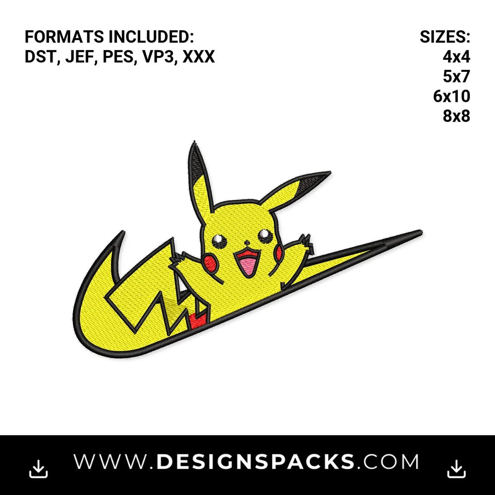 Pikachu Athletic Swoosh Pattern Embroidery Design - Instant digital download pattern at Designspacks.com