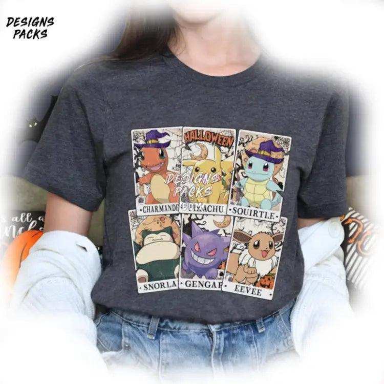 Pikachu Eevee Snorlax Squirtle Halloween Spooky Season Pocket Monster Tarrot Card Png Design