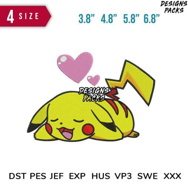 Cute Pikachu embroidery design with hearts, available in multiple sizes and formats for instant download.