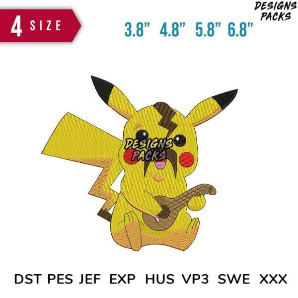Pikachu playing guitar embroidery design in 4 sizes, DST PES JEF formats for instant download