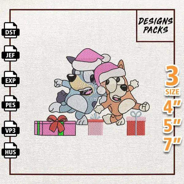 Pink Blue Dog Christmas Embroidery Design